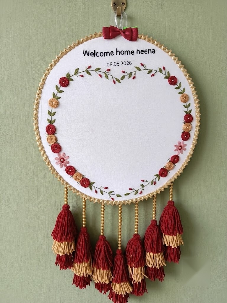 Welcome Home Floral Heart Embroidery Hoop with Tassels